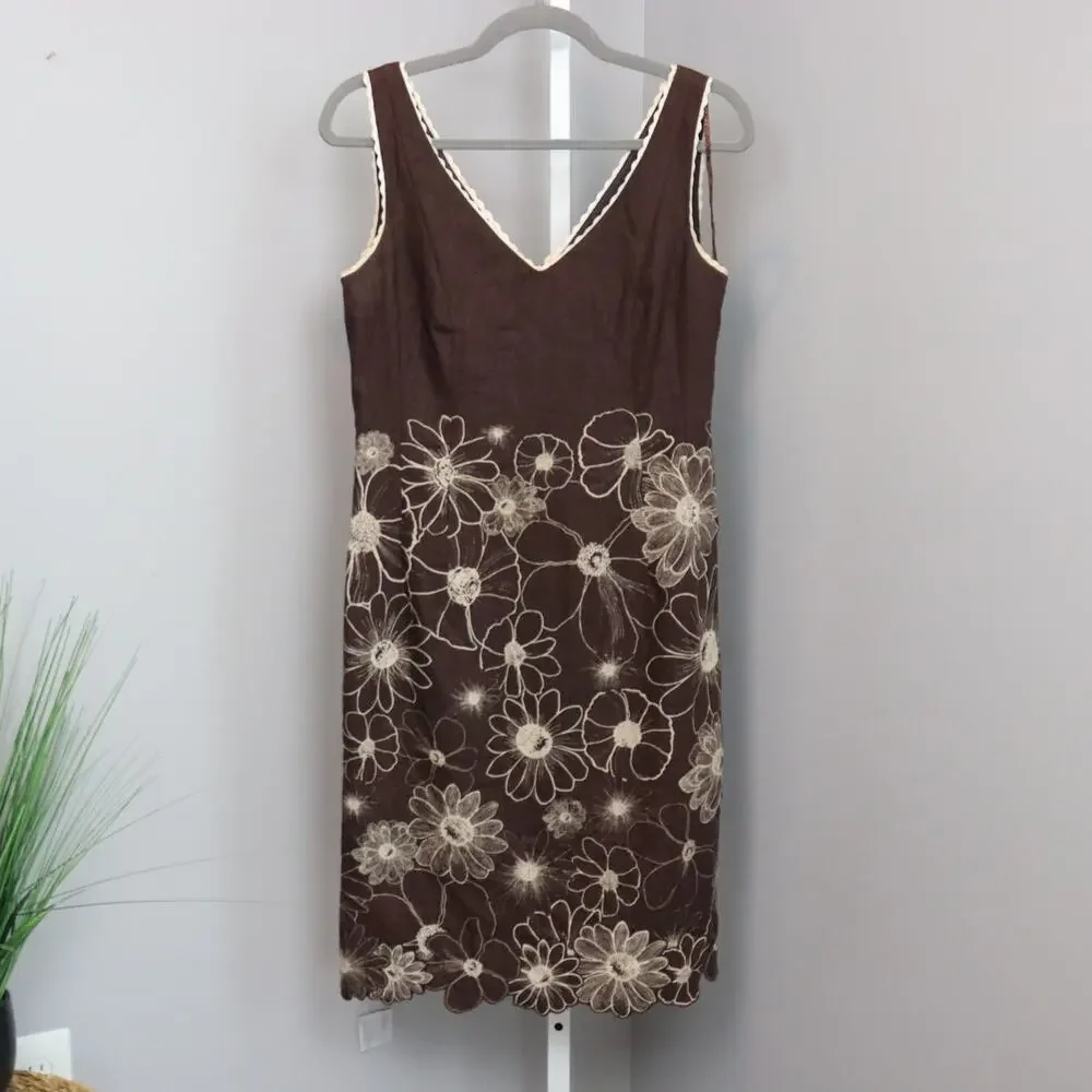 Kay Unger NY Linen Embroidered Dress Size 6 Boho Revival Garden Party